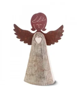 Waldfabrik, photophore en bois et étoile sapin de Noël Anges De Noël En Bois|Ange En Bois Avec Coeur Et Ailes Metal, 15,5 Cm