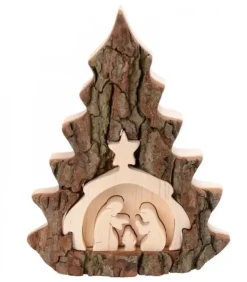 Waldfabrik, photophore en bois et étoile sapin de Noël Crèche De Noël Artisanale|Crèche De Noël 16 Cm, Taillee Dans Une Ecorce De Bois En Forme De Sapin