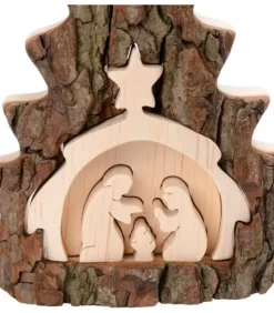 Waldfabrik, photophore en bois et étoile sapin de Noël Crèche De Noël Artisanale|Crèche De Noël 16 Cm, Taillee Dans Une Ecorce De Bois En Forme De Sapin