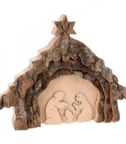 Waldfabrik, photophore en bois et étoile sapin de Noël Crèche De Noël Artisanale|Crèche De Noël 13 Cm, Taillee Dans Une Ecorce De Bois, Motif Etable