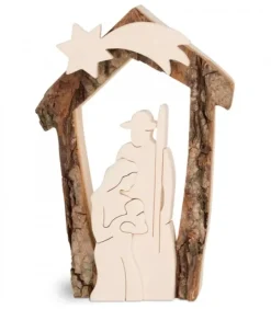 Waldfabrik, photophore en bois et étoile sapin de Noël Crèche De Noël Artisanale|Crèche De Noël En Ecorce 12,5 Cm, Avec Nativite En Bois D'Erable
