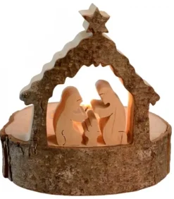 Waldfabrik, photophore en bois et étoile sapin de Noël Crèche De Noël Artisanale|Crèche De Noël Sur Rondin De Bois Avec Bougeoir