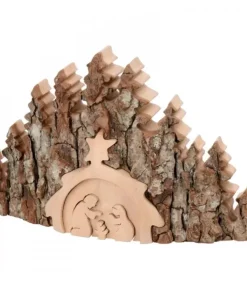 Waldfabrik, photophore en bois et étoile sapin de Noël Crèche De Noël Artisanale|Crèche De Noël Taillee Dans Une Ecorce De Bois, Motif Etable, 20 Cm