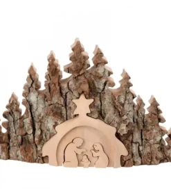 Waldfabrik, photophore en bois et étoile sapin de Noël Crèche De Noël Artisanale|Crèche De Noël Taillee Dans Une Ecorce De Bois, Motif Etable, 20 Cm