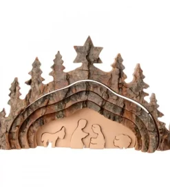 Waldfabrik, photophore en bois et étoile sapin de Noël Crèche De Noël Artisanale|Crèche De Noël Taillee Dans Une Ecorce De Bois, Motif Grotte, 20 Cm