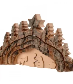 Waldfabrik, photophore en bois et étoile sapin de Noël Crèche De Noël Artisanale|Crèche De Noël Taillee Dans Une Ecorce De Bois, Motif Grotte, 20 Cm