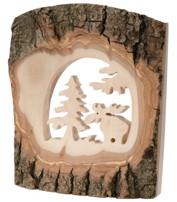 Waldfabrik, photophore en bois et étoile sapin de Noël Objet Déco Bois|Déco Bois En Ecorce, Motif Elan Dans La Foret, 18 Cm