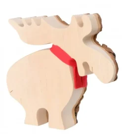 Waldfabrik, photophore en bois et étoile sapin de Noël Animaux En Bois|Elan En Bois Avec Noeud Rouge 14 Cm
