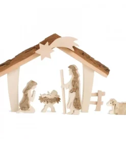 Waldfabrik, photophore en bois et étoile sapin de Noël Crèche De Noël Artisanale|Etable De Bethleem Avec Figurines En Ecorce, 12,5 Cm