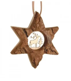 Waldfabrik, photophore en bois et étoile sapin de Noël Décorations En Bois Pour Sapin De Noël|Etoile En Bois, Motif Cisele Cerf, 7 Cm