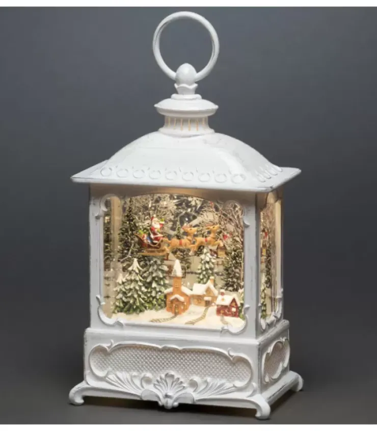 Konstsmide, guirlandes lumineuses de Noël Lanternes De Noël À Neige|Lanterne De Noël Blanche, Père Noël Volant Au-Dessus D'Un Village