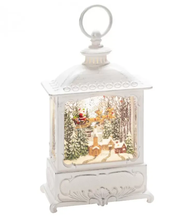 Konstsmide, guirlandes lumineuses de Noël Lanternes De Noël À Neige|Lanterne De Noël Blanche, Père Noël Volant Au-Dessus D'Un Village