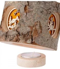 Waldfabrik, photophore en bois et étoile sapin de Noël Photophore Bois|Photophore Rondin De Bois, Avec 3 Motifs Crèche, Père Noël Et Bougies